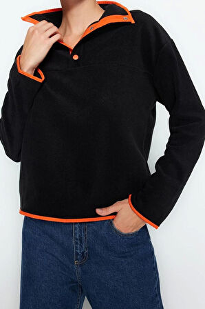 Kadın Moda Şık Regular Dik Yaka Düşük Kol Regular Çıtçıtlı Normal Kalıp Cepli Polar Örme Sweatshirt