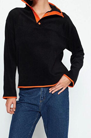 Kadın Moda Şık Regular Dik Yaka Düşük Kol Regular Çıtçıtlı Normal Kalıp Cepli Polar Örme Sweatshirt