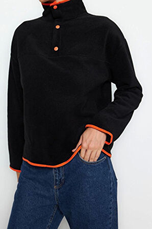Kadın Moda Şık Regular Dik Yaka Düşük Kol Regular Çıtçıtlı Normal Kalıp Cepli Polar Örme Sweatshirt