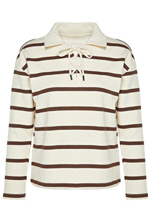 Kadın Regular Polo Yaka Standart Kol Regular Polo Yaka Bağlama Detaylı Kalın Fit Örme Sweatshirt