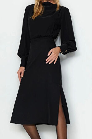 Kadın Moda Şık Midi Boy Degaje Yaka Regular Düz Dokuma Elbise