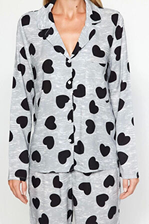 Kadın Viskon Gömlek Yaka Uzun Kol Kalpli Viskon Gömlek-Pantolon Dokuma Pijama Takımı