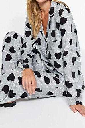 Kadın Viskon Gömlek Yaka Uzun Kol Kalpli Viskon Gömlek-Pantolon Dokuma Pijama Takımı