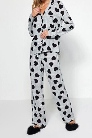 Kadın Viskon Gömlek Yaka Uzun Kol Kalpli Viskon Gömlek-Pantolon Dokuma Pijama Takımı