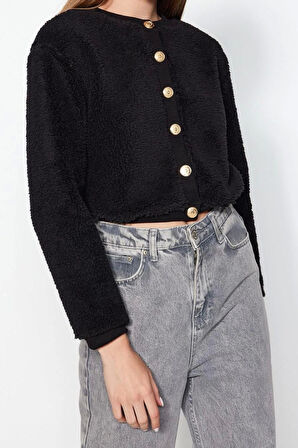 Kadın Moda Şık Crop Düğmeli Yaka Uzun Kol Düz Gold Düğmeli Peluş Crop Örme Hırka