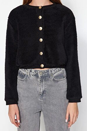 Kadın Moda Şık Crop Düğmeli Yaka Uzun Kol Düz Gold Düğmeli Peluş Crop Örme Hırka