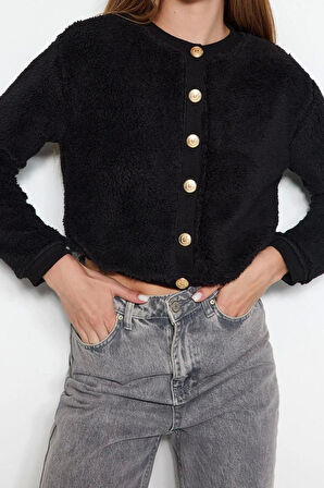 Kadın Moda Şık Crop Düğmeli Yaka Uzun Kol Düz Gold Düğmeli Peluş Crop Örme Hırka