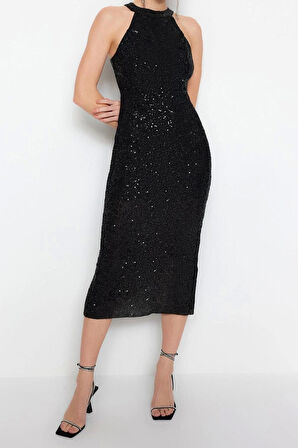 Yeni Regular Mezuniyet Balo Payet Örme Halter Yaka Kolsuz Kol Bodycone Midi Boy Elbise