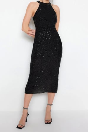 Yeni Regular Mezuniyet Balo Payet Örme Halter Yaka Kolsuz Kol Bodycone Midi Boy Elbise