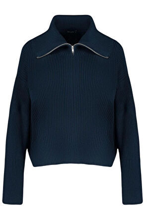 Kadın Moda Şık Regular Devrik Yaka Uzun Kol Düz Geniş Kalıp Devrik Yaka Fermuarlı Triko Hırka