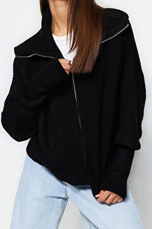 Kadın Moda Şık Regular Devrik Yaka Oversize Lacivert Geniş Kalıp Devrik Yaka Fermuarlı Triko Hırka