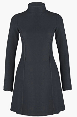 Kadın Moda Şık Mini Boy Dik Yaka Regular Dikiş Detaylı Selanik Örme Elbise