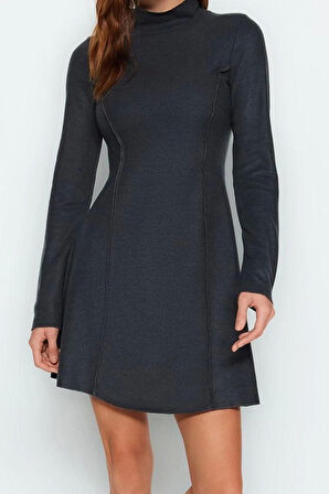 Kadın Moda Şık Mini Boy Dik Yaka Regular Dikiş Detaylı Selanik Örme Elbise