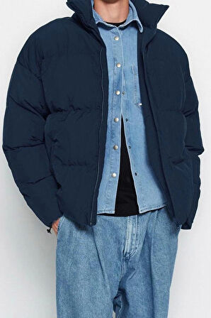Unisex Moda Şık Bol Dik Yaka Standart Düz Astarlı Oversize Fit Dik Yaka Şişme Kışlık Mont