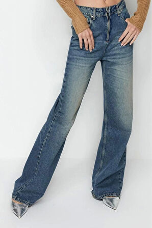 Kadın Moda Şık Kot Pantolon Geniş Paça Uzun Boy Denim Yüksek Bel Jeans