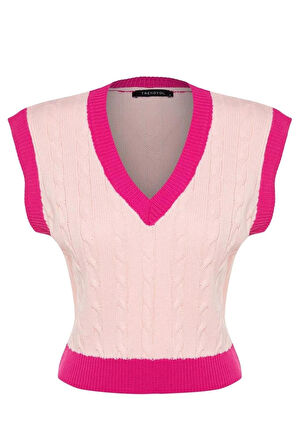 Kadın Moda Şık Crop V Yaka Kolsuz Renk Bloklu Crop Triko Süveter