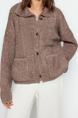 Kadın Moda Şık Regular Polo Yaka Oversize Süper Geniş Kalıp Polo Yaka Buklet Triko Hırka