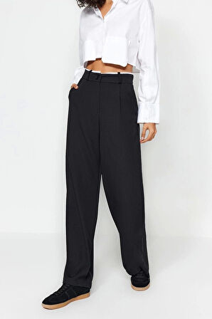 Kadın Yeni Moda Geniş Paça Uzun Boy Dokuma Kemer Detaylı Wide Leg Geniş Paça Pantolon