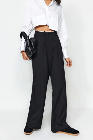 Kadın Yeni Moda Geniş Paça Uzun Boy Dokuma Kemer Detaylı Wide Leg Geniş Paça Pantolon