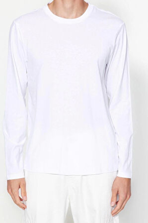 Yeni Sezon Regular %100 Pamuk Bisiklet Yaka Uzun Kol Düz Desenli Günlük T-Shirt