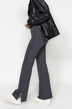 Kadın Moda İspanyol Paça Uzun Boy Örme Yanları Yırtmaçlı Flare Yüksek Bel Örme Pantolon