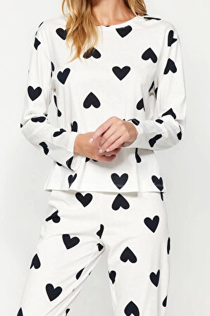 Kadın %100 Pamuk Bisiklet Yaka Uzun Kol %100 Pamuk Kalpli Tshirt-Jogger Örme Pijama Takımı