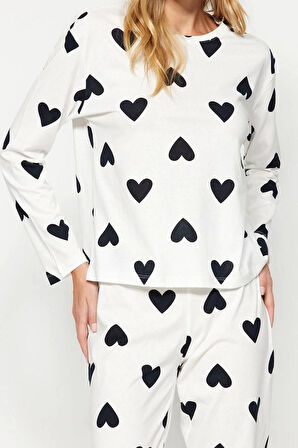 Kadın %100 Pamuk Bisiklet Yaka Uzun Kol %100 Pamuk Kalpli Tshirt-Jogger Örme Pijama Takımı