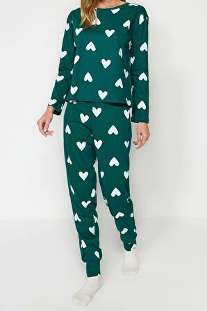 Kadın Moda Şık Bisiklet Yaka Boru Paça Uzun Kol %100 Pamuklu Kalpli Örme Pijama Takımı