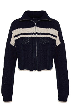 Kadın Moda Şık Regular Dik Yaka Uzun Kol Renk Bloklu Crop Dik Yaka Triko Hırka