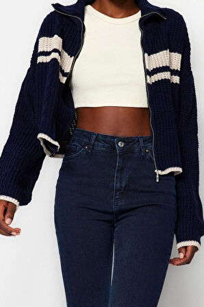 Kadın Moda Şık Regular Dik Yaka Uzun Kol Renk Bloklu Crop Dik Yaka Triko Hırka