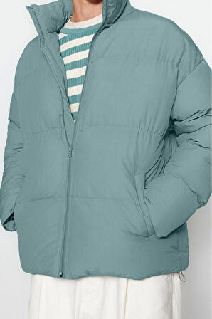 Unisex Moda Şık Bol Dik Yaka Standart Düz Astarlı Oversize Fit Dik Yaka Şişme Kışlık Mont