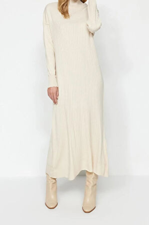 Yeni Regular Günlük Ribana Kaşkorse Triko Bisiklet Yaka Uzun Kol Shift Maxi Boy Tesettür Elbise