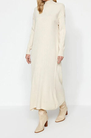 Yeni Regular Günlük Ribana Kaşkorse Triko Bisiklet Yaka Uzun Kol Shift Maxi Boy Tesettür Elbise