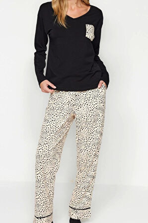 Kadın Moda V Yaka Boru Paça Uzun Kol %100 Pamuk Leopar Desenli Tshirt-Pantolon Örme Pijama Takımı