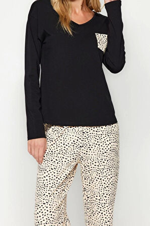 Kadın Moda V Yaka Boru Paça Uzun Kol %100 Pamuk Leopar Desenli Tshirt-Pantolon Örme Pijama Takımı