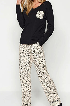 Kadın Moda V Yaka Boru Paça Uzun Kol %100 Pamuk Leopar Desenli Tshirt-Pantolon Örme Pijama Takımı