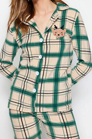 Kadın Moda Şık Gömlek Yaka Boru Paça Uzun Kol Nakışlı Ekoseli Polar Kışlık Örme Pijama Takımı