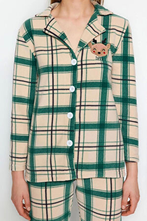 Kadın Moda Şık Gömlek Yaka Boru Paça Uzun Kol Nakışlı Ekoseli Polar Kışlık Örme Pijama Takımı