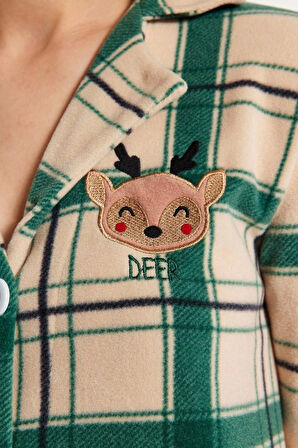 Kadın Moda Şık Gömlek Yaka Boru Paça Uzun Kol Nakışlı Ekoseli Polar Kışlık Örme Pijama Takımı