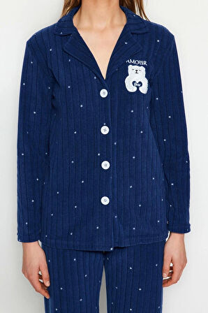 Kadın Moda Gömlek Yaka Boru Paça Uzun Kol Puantiyeli Hayvan Baskılı Polar Kışlık Örme Pijama Takımı