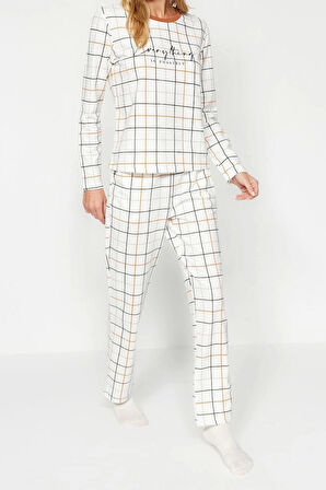 Kadın Moda Bisiklet Yaka Boru Paça Uzun Kol %100 Pamuk Ekoseli Tshirt-Pantolon Örme Pijama Takımı