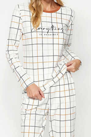 Kadın Moda Bisiklet Yaka Boru Paça Uzun Kol %100 Pamuk Ekoseli Tshirt-Pantolon Örme Pijama Takımı