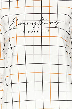 Kadın Moda Bisiklet Yaka Boru Paça Uzun Kol %100 Pamuk Ekoseli Tshirt-Pantolon Örme Pijama Takımı