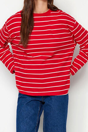 Kadın Moda Şık Oversize Bisiklet Yaka Düşük Kol Uzun Çizgili Geniş Kesim İnce Örme Sweatshirt