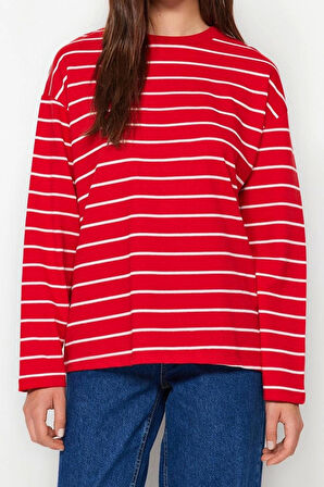 Kadın Moda Şık Oversize Bisiklet Yaka Düşük Kol Uzun Çizgili Geniş Kesim İnce Örme Sweatshirt