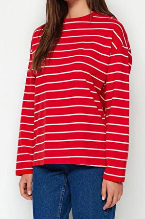 Kadın Moda Şık Oversize Bisiklet Yaka Düşük Kol Uzun Çizgili Geniş Kesim İnce Örme Sweatshirt