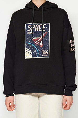 Kadın Moda Bol Kapüşonlu Düşük Kol Uzun Kalın İçi Polarlı Uzay Baskılı Geniş Kesim Örme Sweatshirt