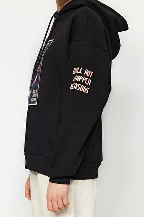 Kadın Moda Bol Kapüşonlu Düşük Kol Uzun Kalın İçi Polarlı Uzay Baskılı Geniş Kesim Örme Sweatshirt