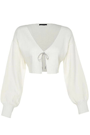 Kadın Moda Şık Crop V Yaka Uzun Kol Düz Süper Crop Basic Fiyonklu Triko Hırka