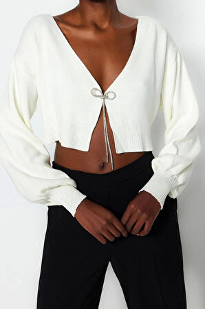 Kadın Moda Şık Crop V Yaka Uzun Kol Düz Süper Crop Basic Fiyonklu Triko Hırka